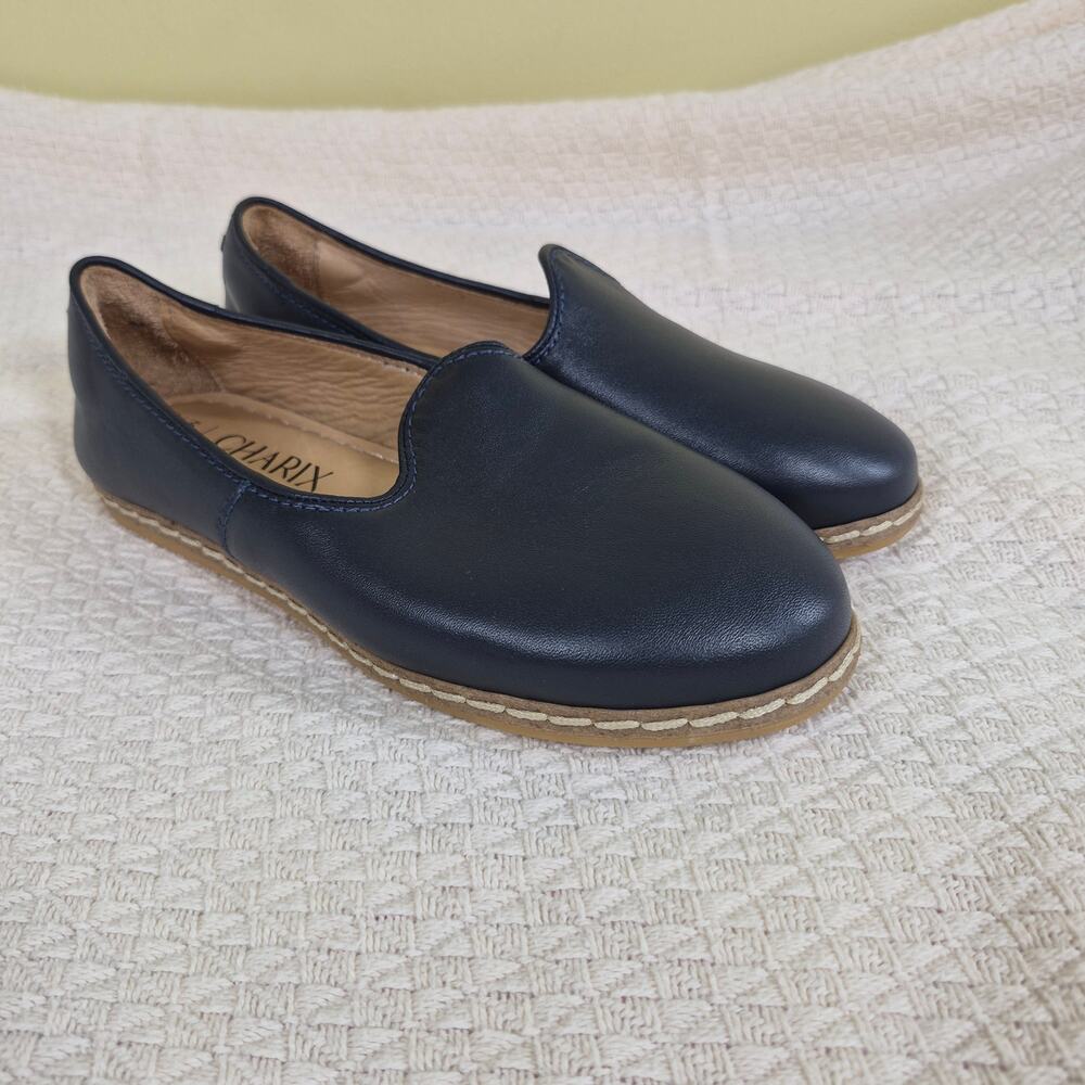 Charix Handmade Midnight Navy Blue Leather Slip-On Loafer Shoes 6.5 / EU 36.5
